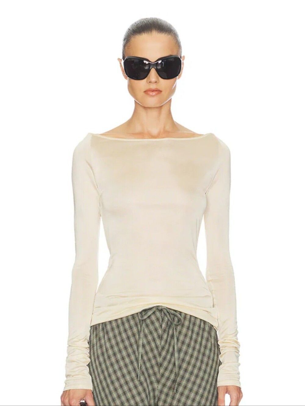 HELSA Revolve New Slinky Jersey Off Shoulder Top Champagne Sheer XS Party Sold O
